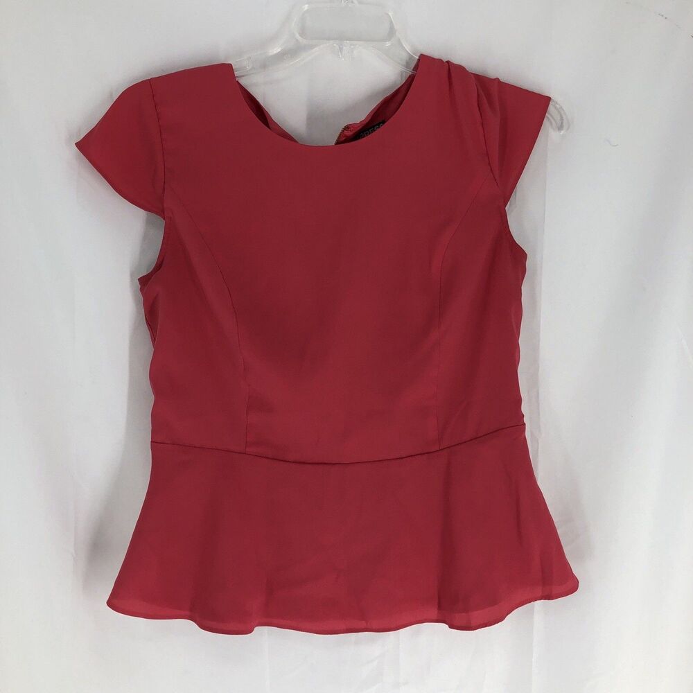 Express Red/Pink Round Neck Cap sleeve Peplum Satin Polyester Zip Blouse Size M